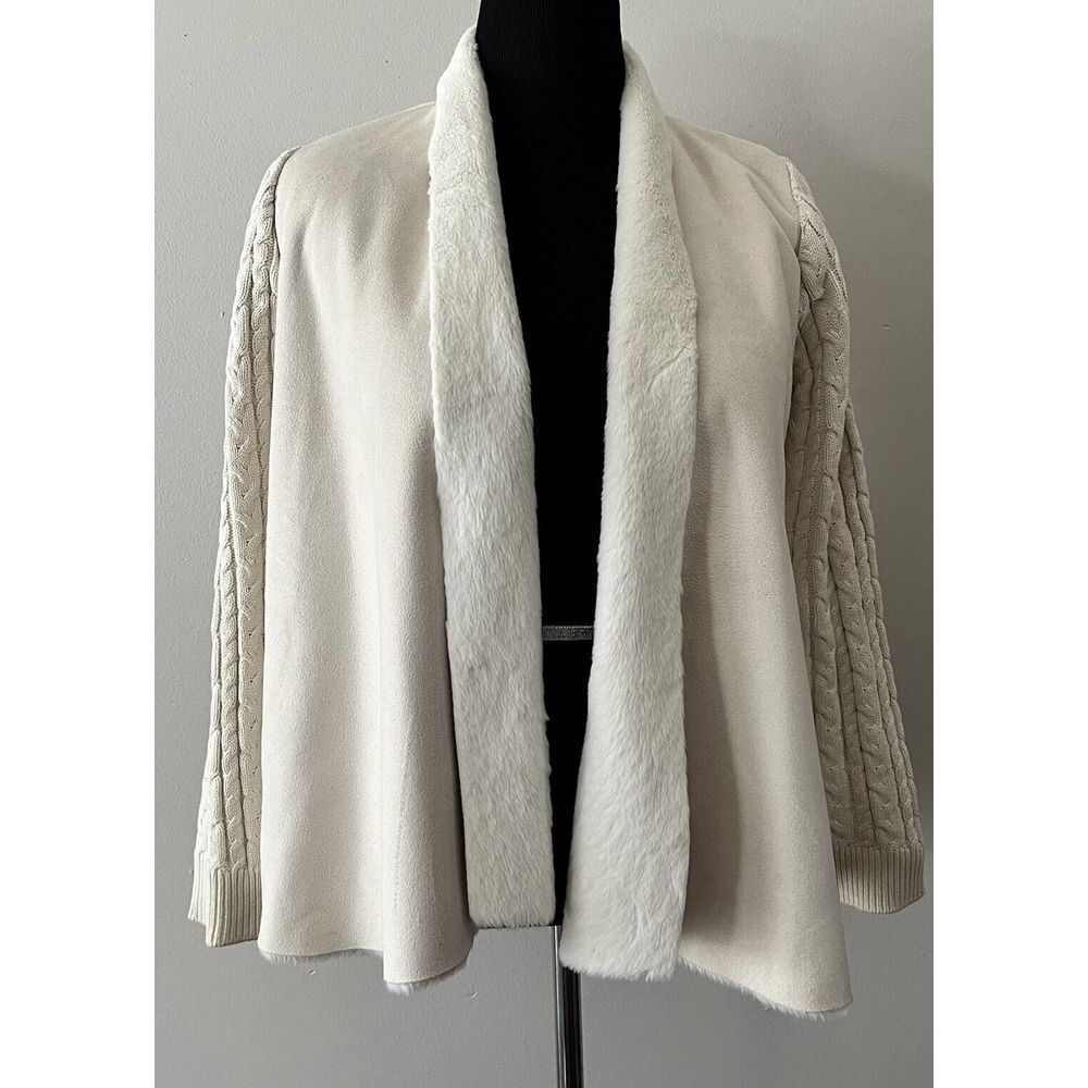 Gaby Eden Faux Fur Suede Open Front Cardigan‎ Sweater Ivory Size Medium Jacket
